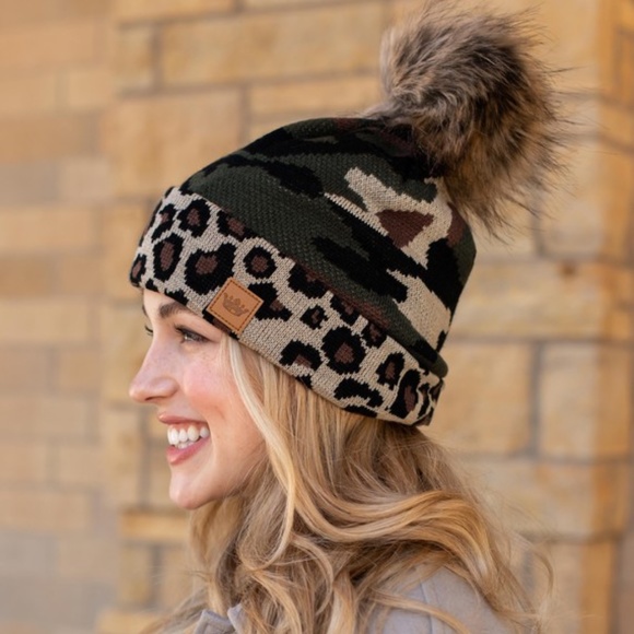 SOLD OUT Leopard & Camouflage Fleece Lined Faux Fur Pompom Winter Beanie Knit - Picture 2 of 3